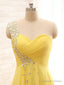 Elegant One Shoulder Yellow Chiffon Beaded Pleat Long Bridesmaid Dresses