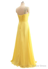 Elegant One Shoulder Yellow Chiffon Beaded Pleat Long Bridesmaid Dresses