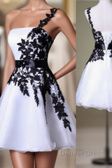 Hot Sales Vintage Black Lace White Organza Short One Shoulder Belt Custom Made Hd021 Prom Dresses