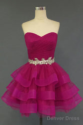 Hot Pink Organza Sweetheart Neckline Short Beadings Belt Tiered Rose Red Layers Prom Dresses
