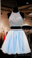 Two Pieces Light Blue Short High Neck Open Back Rhinestones Mid Section Sky Blue Prom Dresses
