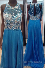High Neck See Through O Back Dark Blue Chiffon Long Open Back Beaded Crystal A Line Bodice Sexy Prom Dresses