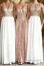 Rose Gold Sequin White Chiffon V Neck Sexy Long Elegant Simple Prom Dresses