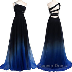 One Shoulder Navy Blue Royal Blue Ombre Gradient Color Chiffon Long Ombre For Sweet 16 Prom Dresses