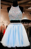 2026 Beautiful Short Two Pieces Light Sky Blue Halter Open Back For Teens Prom Dresses