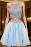 2026 Beautiful Short Two Pieces Light Sky Blue Halter Open Back For Teens Prom Dresses