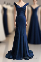 red mermaid off shoulder navy blue prom Dresses mermaid satin backless charming formal evening gowns 2024 party Dresses
