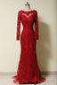 Elegant Long Sleeves Red Lace Mermaid Prom Dress, 2026 Prom Dress, 2026