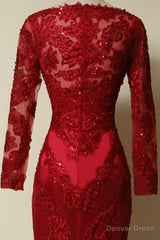 Elegant Long Sleeves Red Lace Mermaid Prom Dress, 2025 Party Dress, Evening Dress, 2025
