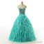 Spaghetti Straps Lace Up Beaded Long Prom Dress, Crystal Turquoise Ball Gowns Prom Dress, Cascading Ruffles Tulle Prom Dresses