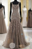 Mermaid Lace Up Brown Tulle Modest Beading V Neck Prom Dresses