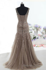 Mermaid Lace Up Brown Tulle Modest Beading V Neck Prom Dresses