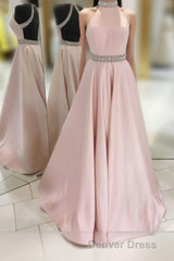 Pink Backless Halter Simple Handmade Plus Size Elegant Prom Dresses