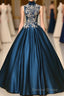 Blue Dreses Satins Lace Applique A Line Long Prom Dresses