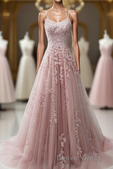 Pink Scoop Tulle Straps With Lace Long Prom Dresses, Pink A-Line Formal Dresses