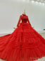 Prom Season Red Ball Gowns Tulle Long Sleeve Beading Tiers Wedding Dresses With Long Train