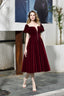 Puff Sleeve Ankle Length Velvet Deep V Neck Vintage Prom Dresses