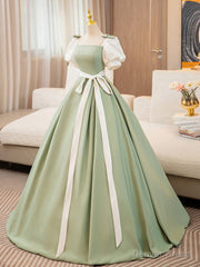 Puff Sleeves A-line Satin Green/White Long Prom Dress, Green Long Formal Dress