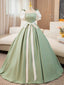 Puff Sleeves A Line Satin Green White Long Prom Dress, Green Long Prom Dresses