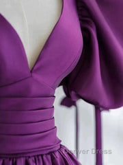 Puffy Sleeve Backless Satin Purple Backless Prom Dresses