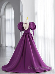 Puffy Sleeve Backless Satin Purple Backless Prom Dresses