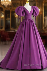Puffy Sleeve Backless Satin Purple Backless Prom Dresses