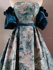 Puffy Sleeves Print Blue Quinceanera Prom Dresses