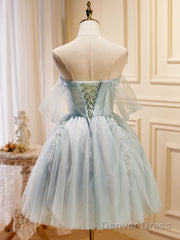 Puffy Tulle Off Shoulder Green Short Prom Dress, Green Cute Homecoming Dresses