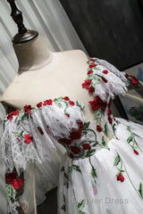 Puffy Long Sleeves Off the Shoulder Lace Tulle Prom Dresses with Appliques