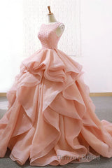 Puffy Tulle Long Prom Dresses with Beading, A Line Sleeveless Party Gown