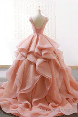 Puffy Tulle Long Prom Dresses with Beading, A Line Sleeveless Party Gown