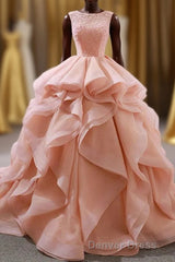Puffy Tulle Long Prom Dresses with Beading, A Line Sleeveless Party Gown