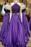 Purple 2 Piece Lace Prom Dresses Halter Long Evening Gowns With Pockets