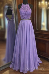 Purple A Line Chiffon Lace Prom Dresses Evening Dresses
