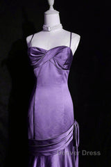 Purple A-Line Mermaid Straps Evening Dresses, Purple Satin Prom Dresses Formal Dresses