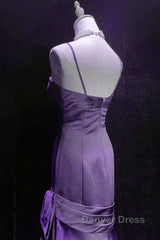 Purple A-Line Mermaid Straps Evening Dresses, Purple Satin Prom Dresses Formal Dresses