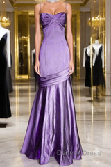 Purple A-Line Mermaid Straps Evening Dresses, Purple Satin Prom Dresses Formal Dresses