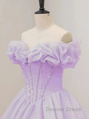 Purple A-Line Off Shoulder Long Ball Dresses Purple Dresses Prom Dresses