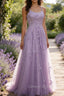 Purple A-Line Spaghetti Straps Long Prom Dress with Appliques