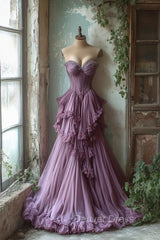 Purple A-Line Sweetheart Neck Tulle Beaded Long Prom Dresses, Vintage Formal Dresses