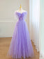 Purple A Line Sweetheart Tulle Long Prom Dress, Beaded Purple Prom Dresses
