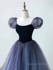 Purple A-Line Tulle Long Prom Dresses, Purple Formal Dresses
