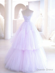Purple A line Tulle Long Prom Dresses, Purple Evening Graduation Dresses