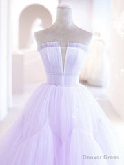 Purple A line Tulle Long Prom Dresses, Purple Evening Graduation Dresses
