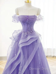 Purple A-Line Tulle Off Shoulder Long Prom Dresses, Purple Lace Evening Dresses
