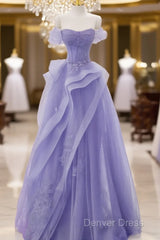 Purple A-Line Tulle Off Shoulder Long Prom Dresses, Purple Lace Evening Dresses