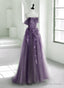Purple A Line Tulle With Lace Long Prom Dress, Purple Prom Dress