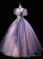 Purple And Pink Tulle High Neckline Long Party Dress, Ball Gown Tulle Sweet 16 Dress