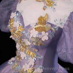 Purple And Pink Tulle High Neckline Long Party Dress, Ball Gown Tulle Sweet 16 Dress