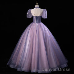 Purple And Pink Tulle High Neckline Long Party Dress, Ball Gown Tulle Sweet 16 Dress
